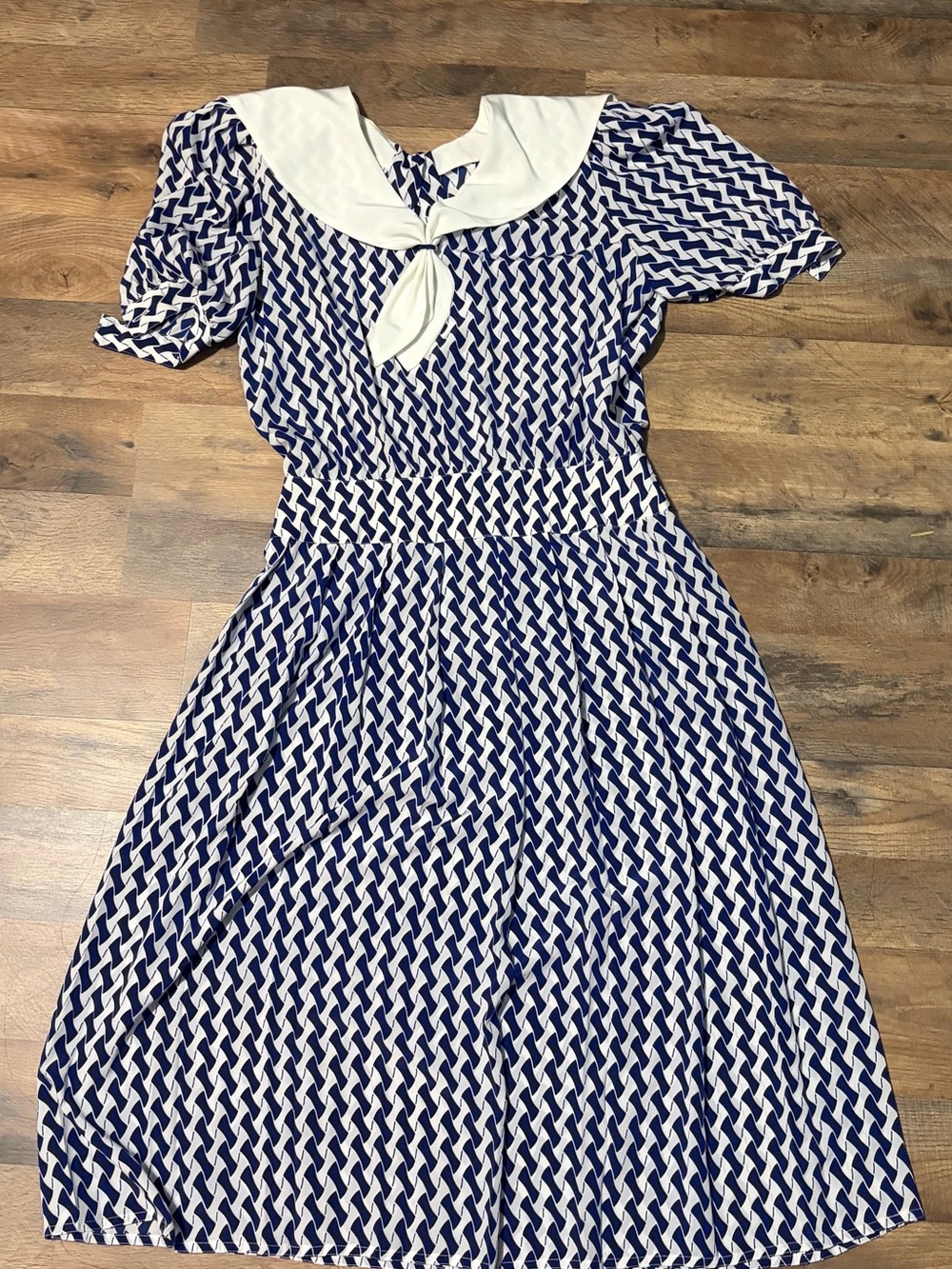 Vintage 80s Maggy Boutique Sailor Collar Midi Dress Size 10 Blue White Geometric